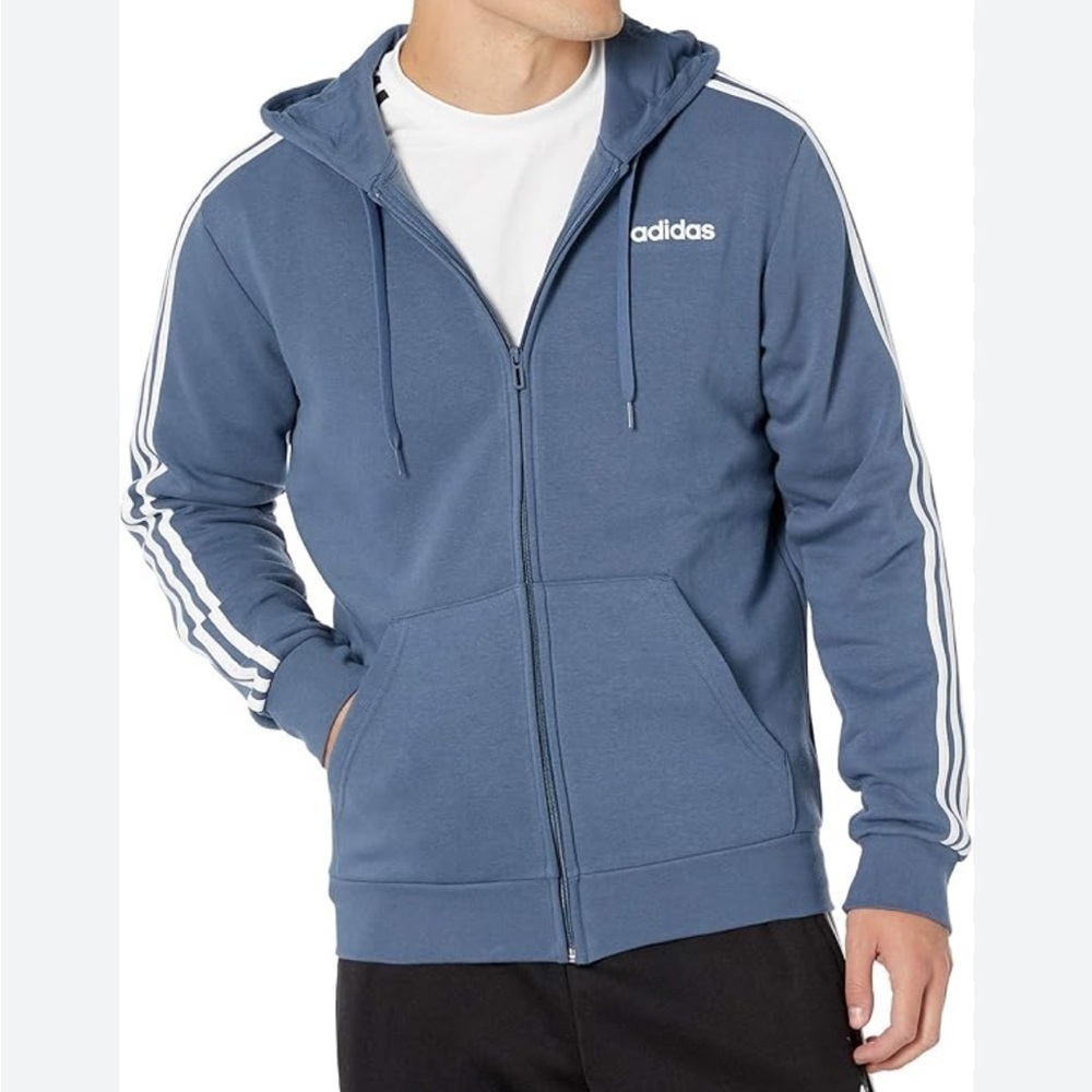 ADIDAS Essentials 3 stripes full zip fleece hoodie. Sweatshirt. Medium Blue. NWT